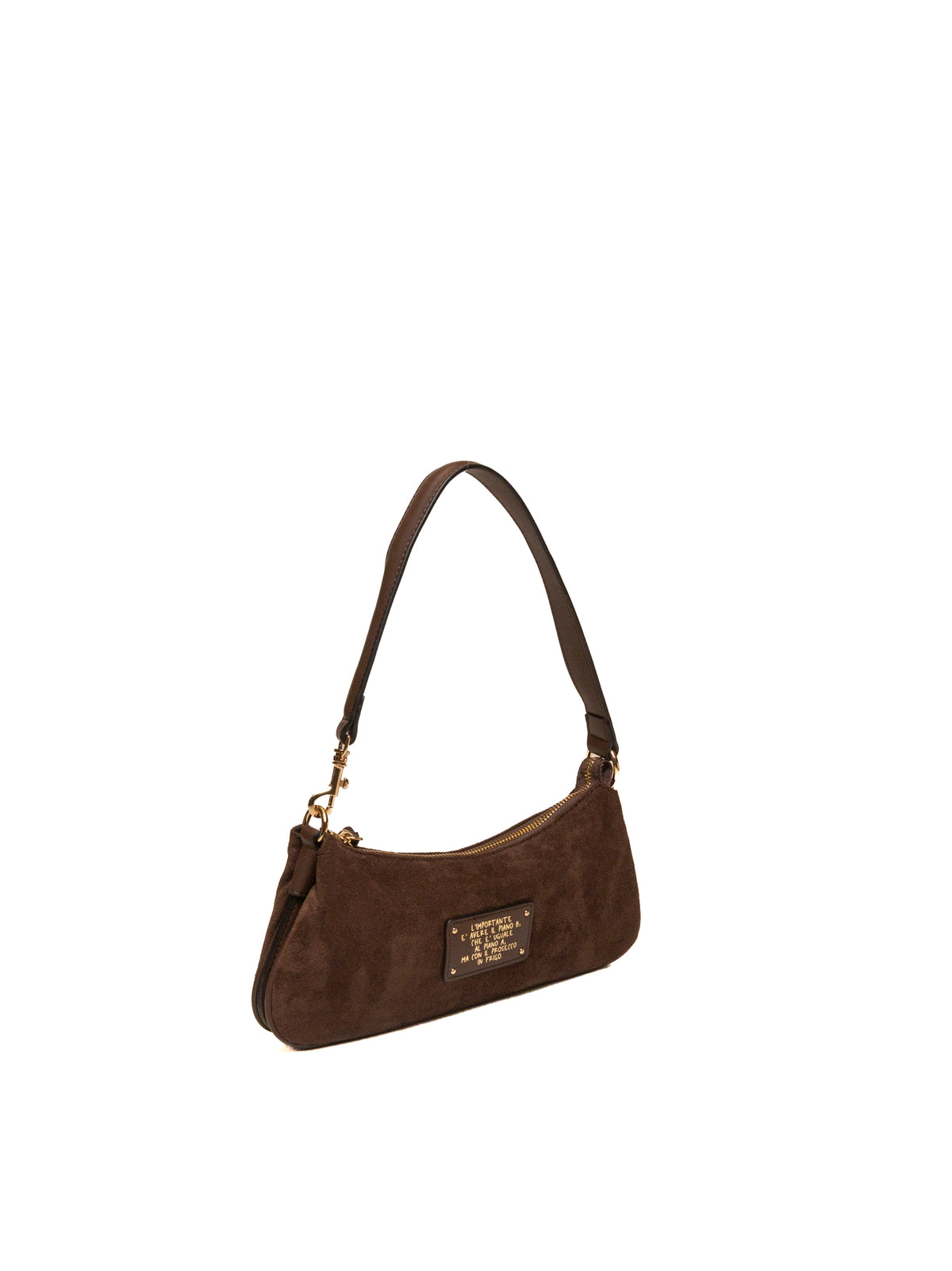 Borsa Vicky Le Pandorine in camoscio marrone scuro vista dal retro con frase stampata