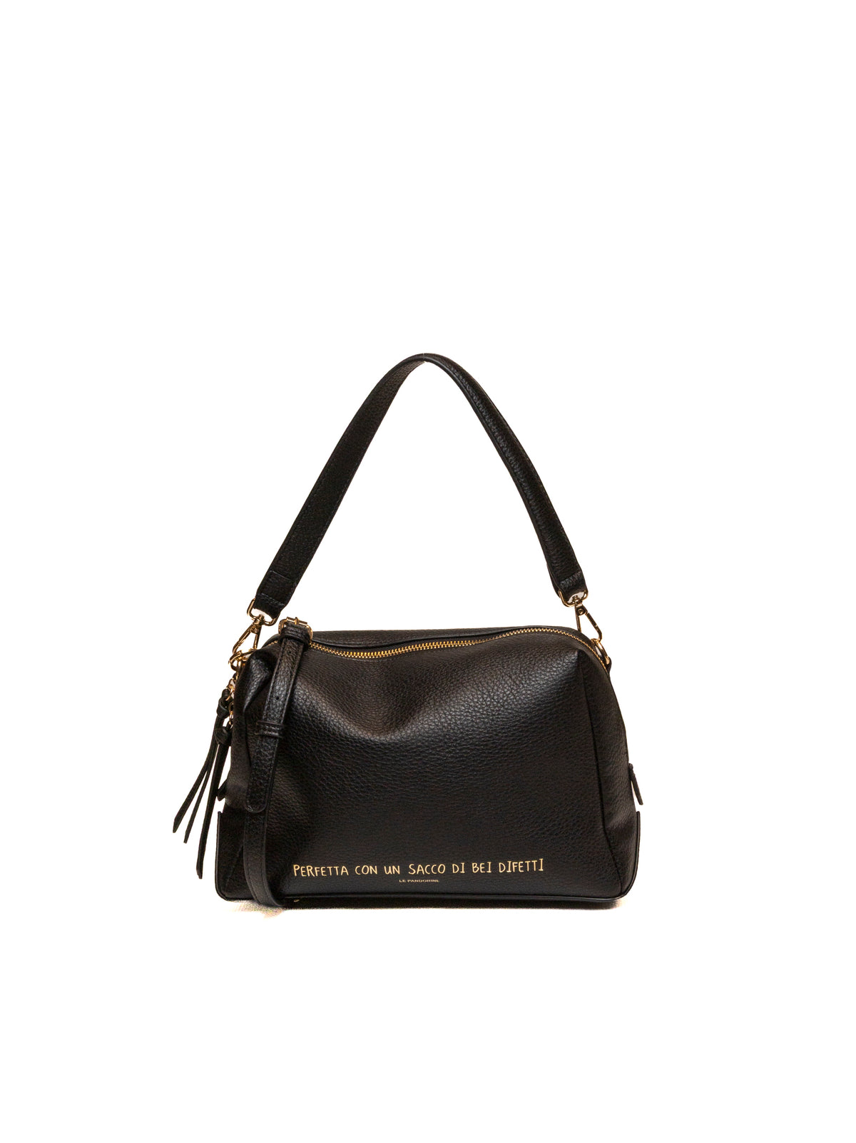 Borsa a tracolla in pelle nera Le Pandorine con scritta dorata vista frontale