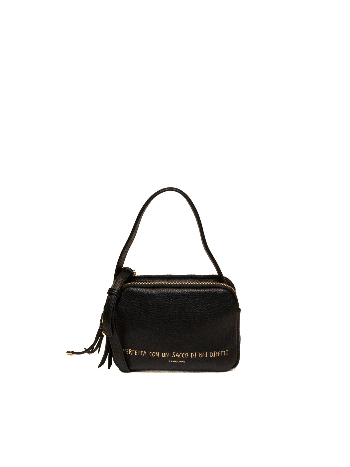 Tracolla donna in pelle nera Le Pandorine vista frontale con scritte dorate e zip