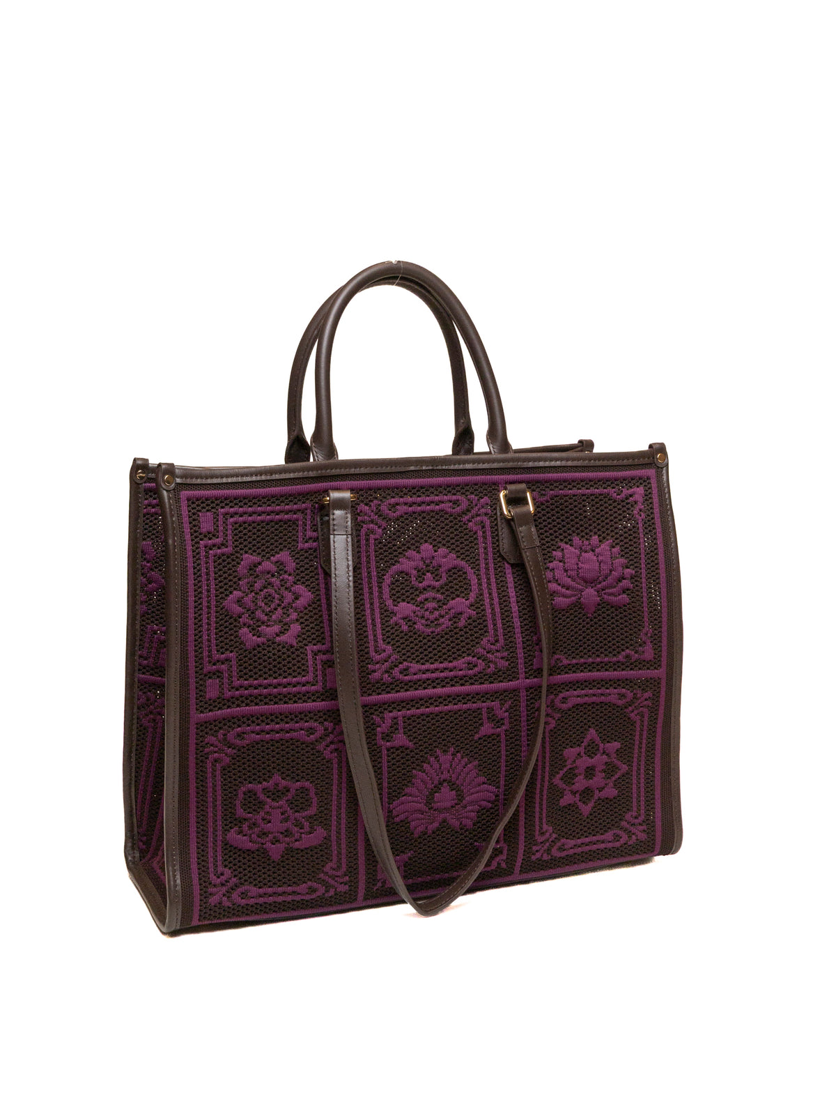 Shopper Atena in tessuto ricamato e pelle incenso MY-BEST BAG vista di tre quarti