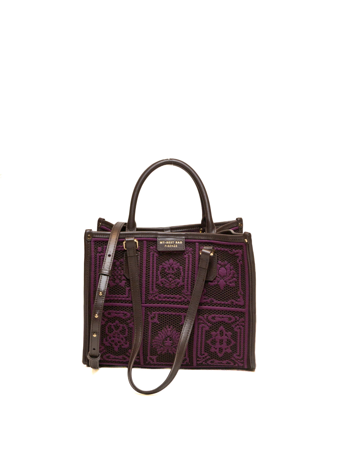 Borsa shopper in tessuto incenso MY-BEST BAG con manici e logo dorato, vista frontale.