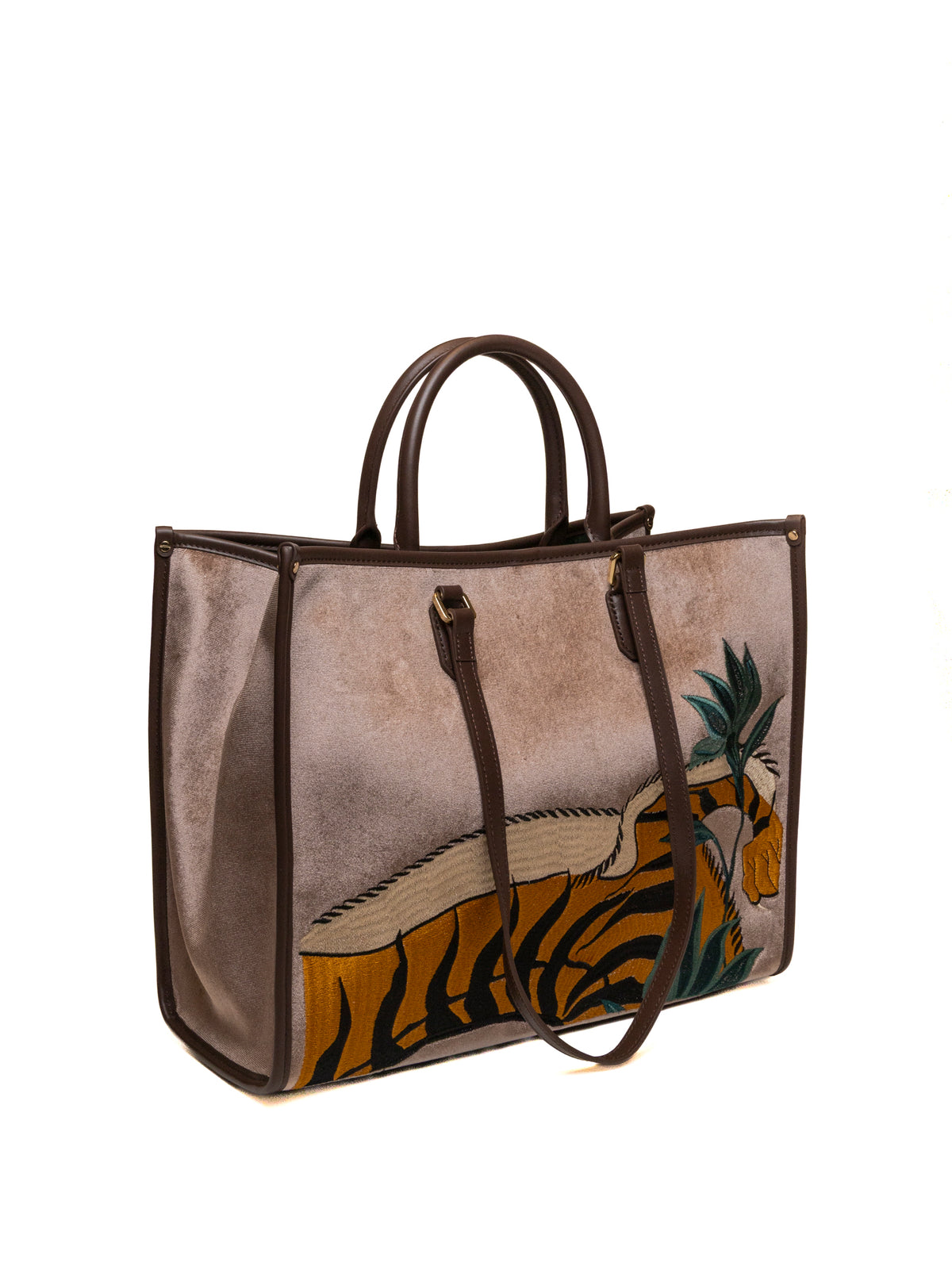 Shopper in tessuto velluto tortora MY-BEST BAG vista di tre quarti con soffietto