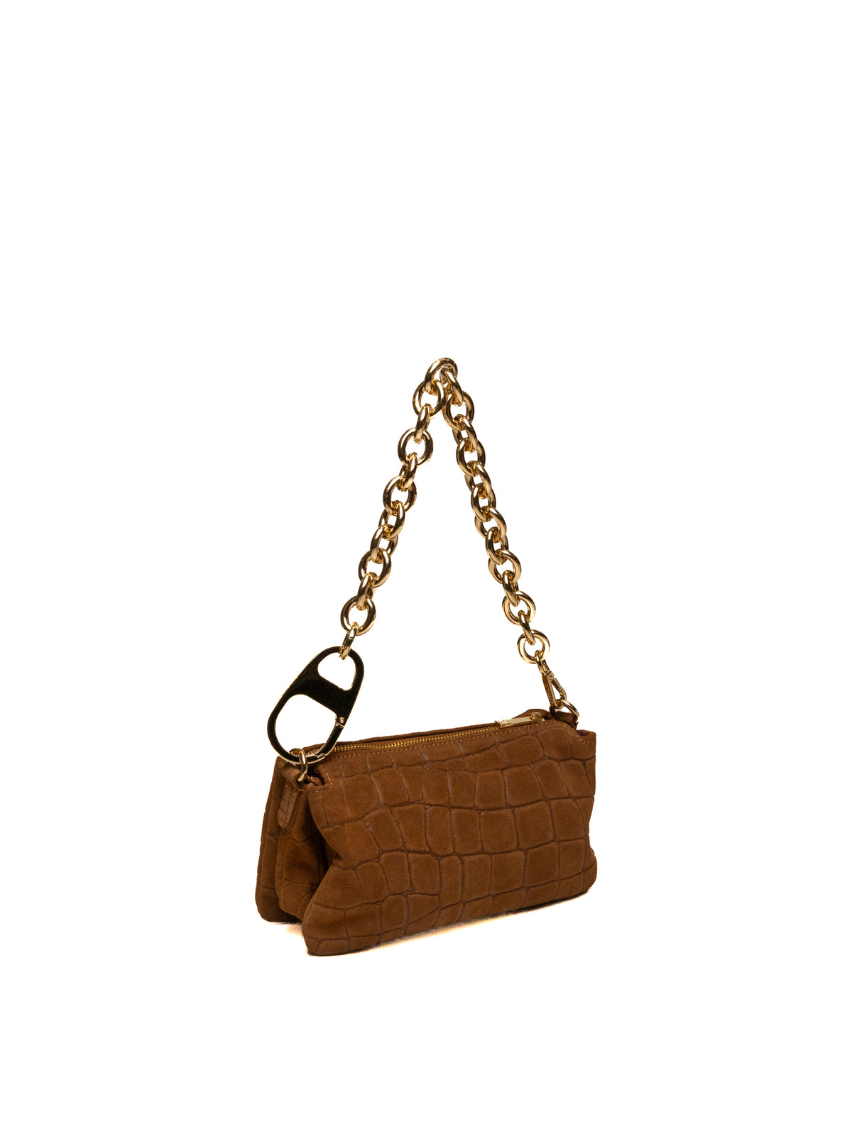 Borsa a tracolla mini in camoscio cognac MY-BEST BAG, vista di tre quarti con profilo.