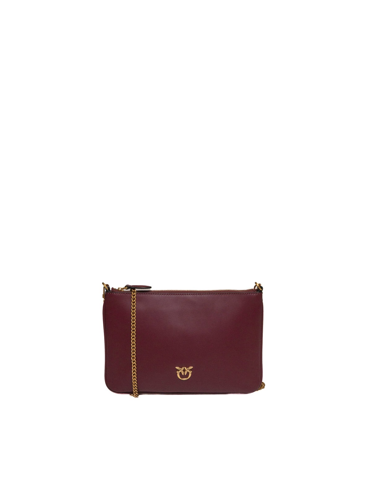 Borsa a tracolla in pelle ribes PINKO vista frontale con placca Love Birds dorata e catena