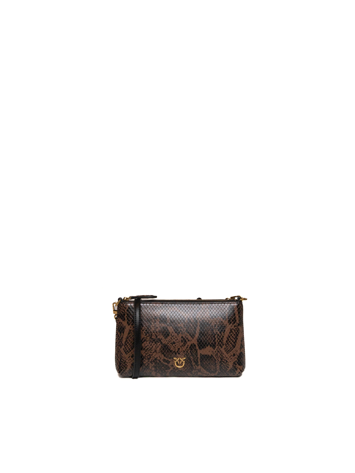 Pochette in pelle con stampa pitonata e logo Love Birds dorato PINKO, vista frontale.