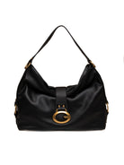 Borsa hobo in pelle martellata nera GUESS vista frontale con dettaglio metallico dorato a G