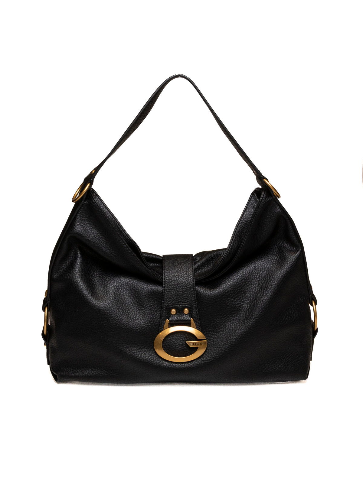 Borsa hobo in pelle martellata nera GUESS vista frontale con dettaglio metallico dorato a G