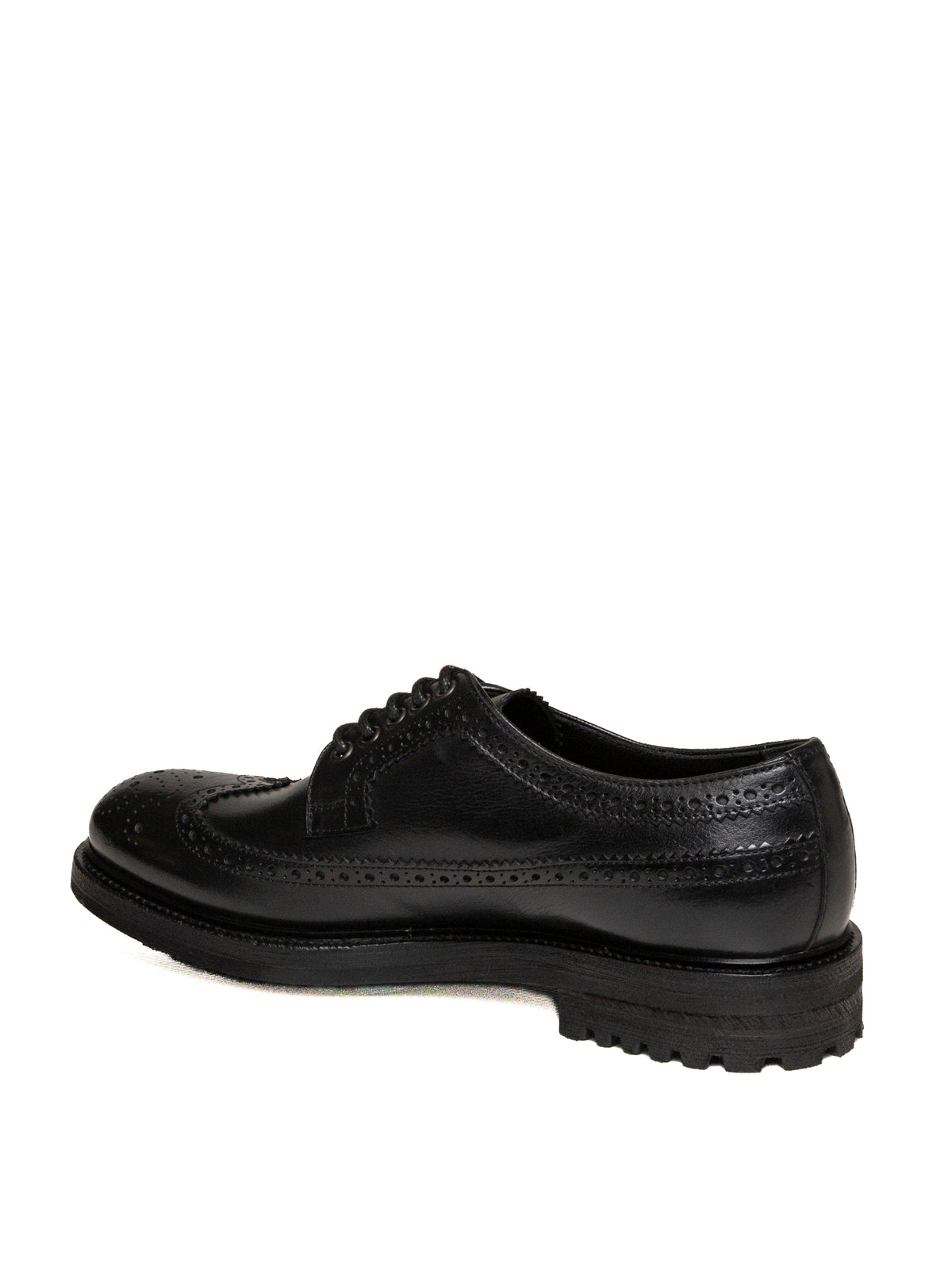 Profilo interno di derby brogue in pelle nera Jerold Wilton con dettaglio del tacco.