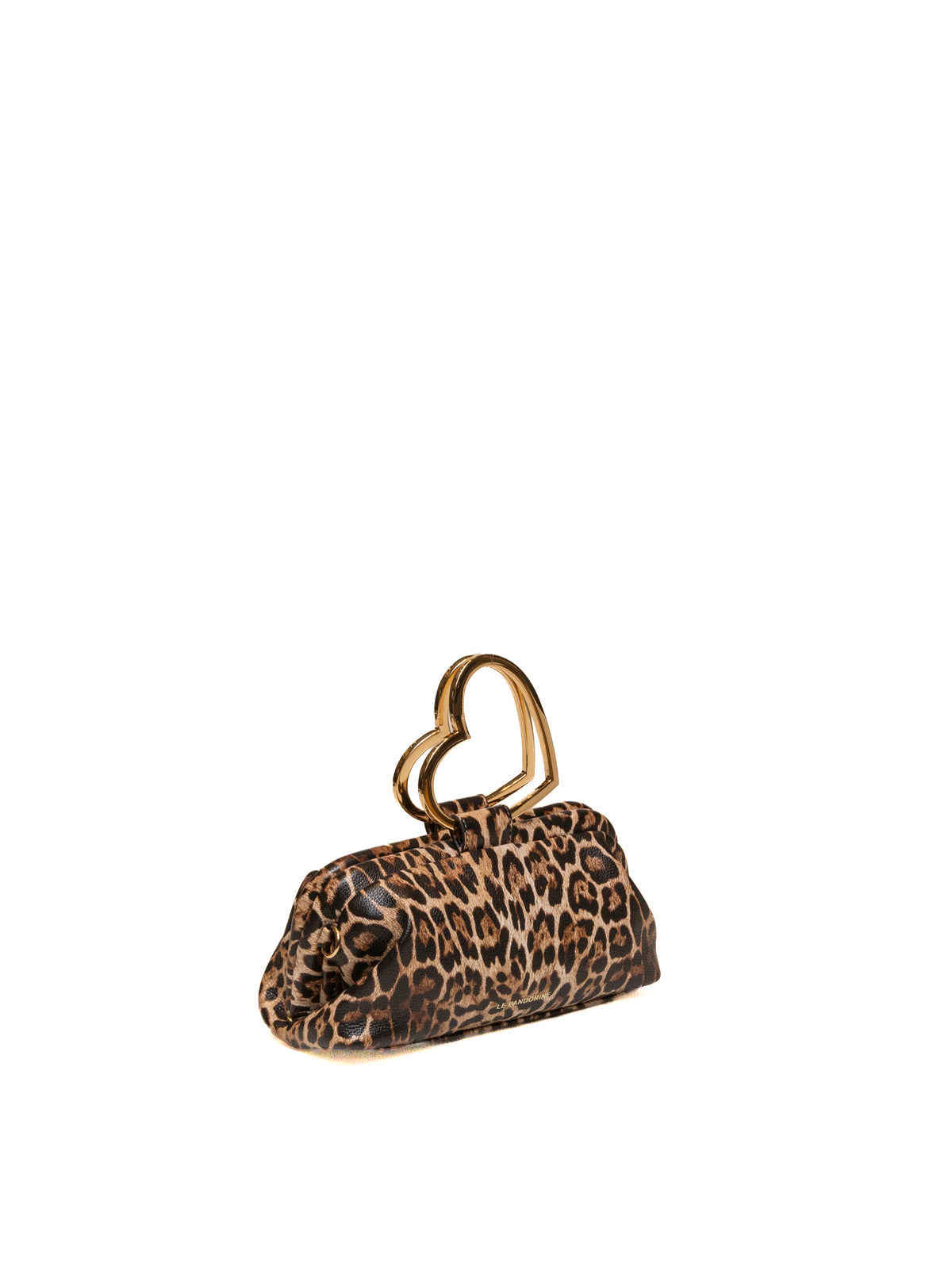 Pochette in pelle animalier LE PANDORINE vista laterale a tre quarti con logo impresso