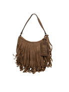 Borsa hobo Arizona in camoscio LE PANDORINE vista frontale con frange e targhetta