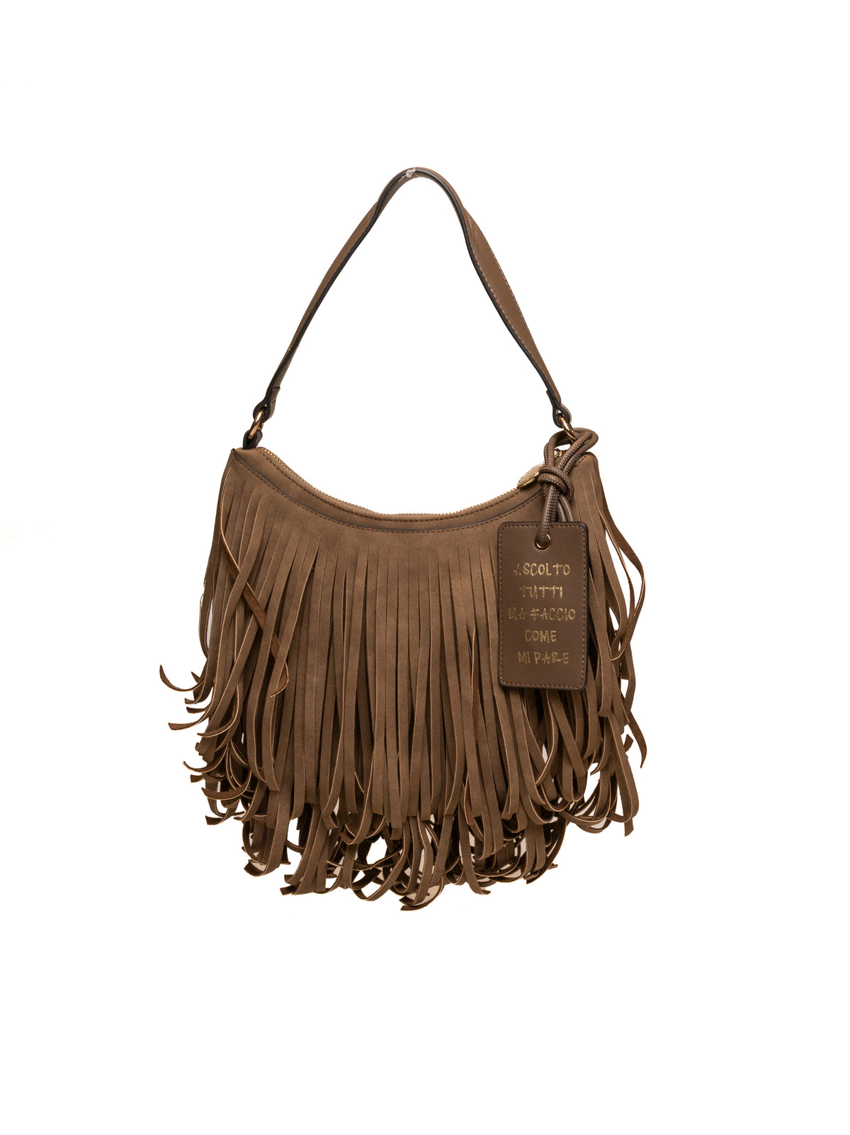 Borsa hobo Arizona in camoscio LE PANDORINE vista frontale con frange e targhetta