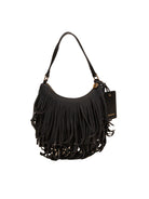 Borsa hobo Arizona Le Pandorine in suede nero con frange e cerniera dorata vista frontale