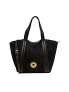 Borsa shopper Vicky in camoscio nero Le Pandorine vista frontale con placca circolare dorata