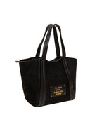 Borsa shopper Vicky in camoscio nero Le Pandorine vista posteriore con targhetta e frase dorata