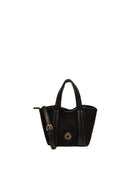 Borsa mini tote in camoscio nero Le Pandorine vista frontale con medaglione dorato
