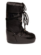Doposci in nylon nero MOON BOOT vista laterale con allacciatura incrociata e logo