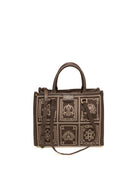 Fronte borsa tote Atena in tessuto jacquard e pelle marrone MY-BEST BAG con logo dorato
