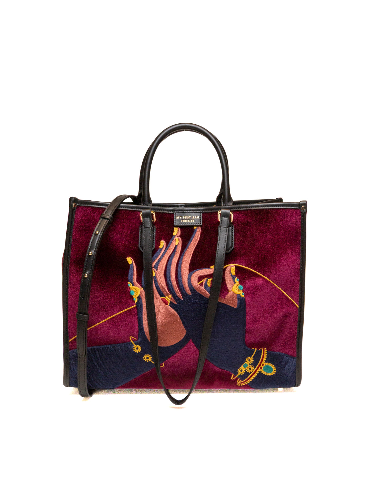Borsa shopper in velluto bordeaux MY-BEST BAG con ricamo e manici corti vista frontale