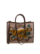 Shopper in tessuto velluto tortora MY-BEST BAG vista frontale con ricamo tigre