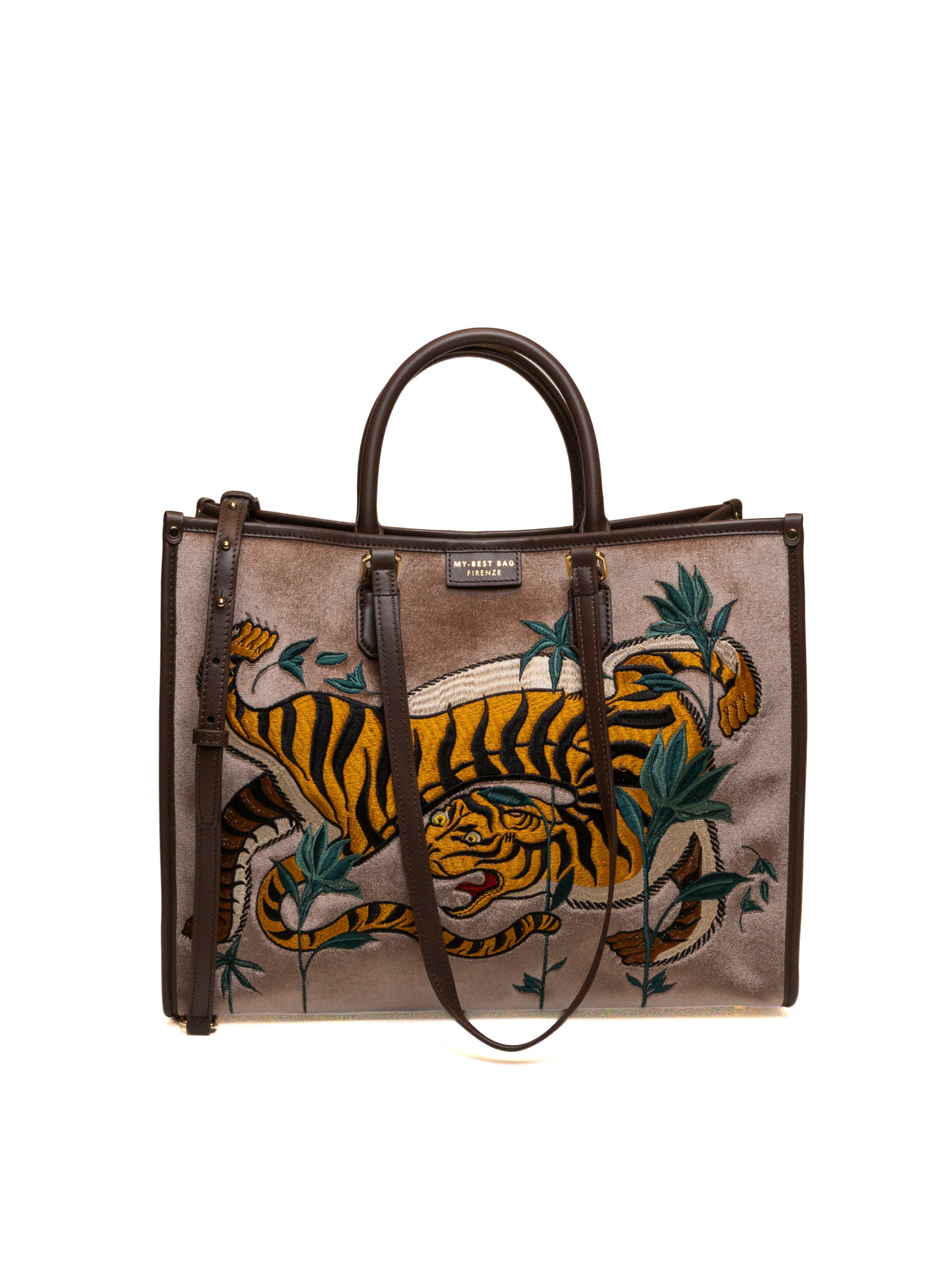 Shopper in tessuto velluto tortora MY-BEST BAG vista frontale con ricamo tigre