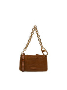 Borsa a tracolla mini in camoscio cognac MY-BEST BAG con catena dorata, vista frontale.