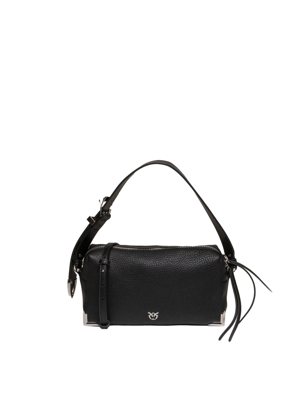 Borsa a bauletto in pelle martellata nera PINKO vista frontale con logo argento e zip