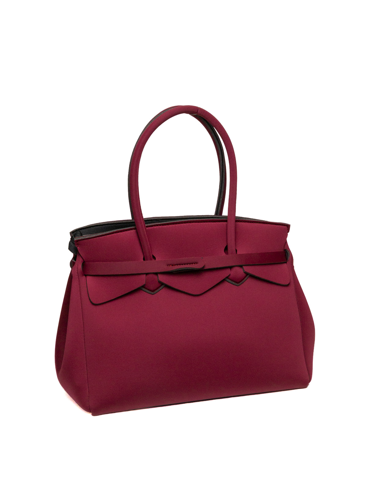 Borsa Miss L in lycra bordeaux Save My Bag con manici tubolari, vista da trequarti.
