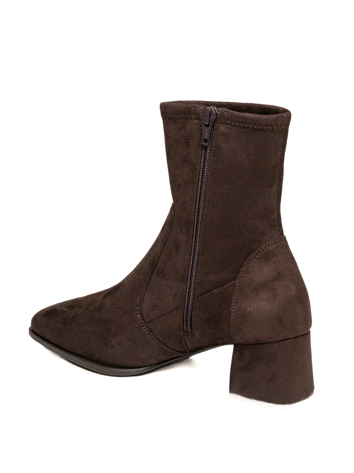 Stivaletto in camoscio marrone scuro Unisa con zip interna e tacco a blocco.